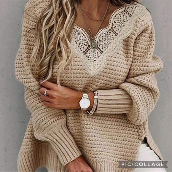 Light Mocha Lacy V Sweater - Picture 2 of 4